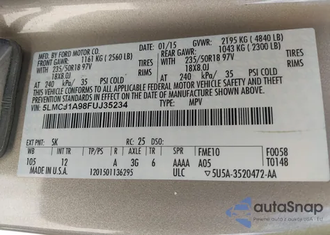 2015 Lincoln Mkc from USA, damaged, VIN 5LMCJ1A98FUJ35234
